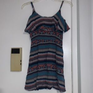 Roxy Size S Rayon Aztec Print Spaghetti Strap Ruffle Neck Elastic Waist Dress